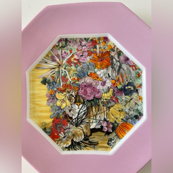 Vtg Denby Limoges Fleur Cowles TIGER BOUQUET Plate -Pink Rim World Wildlife Fund - Picture 2 of 9